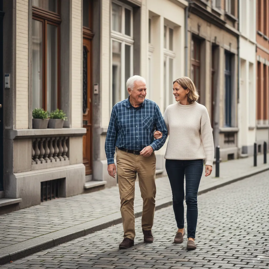 Senior profitant d'une promenade en ville avec son accompagnatrice