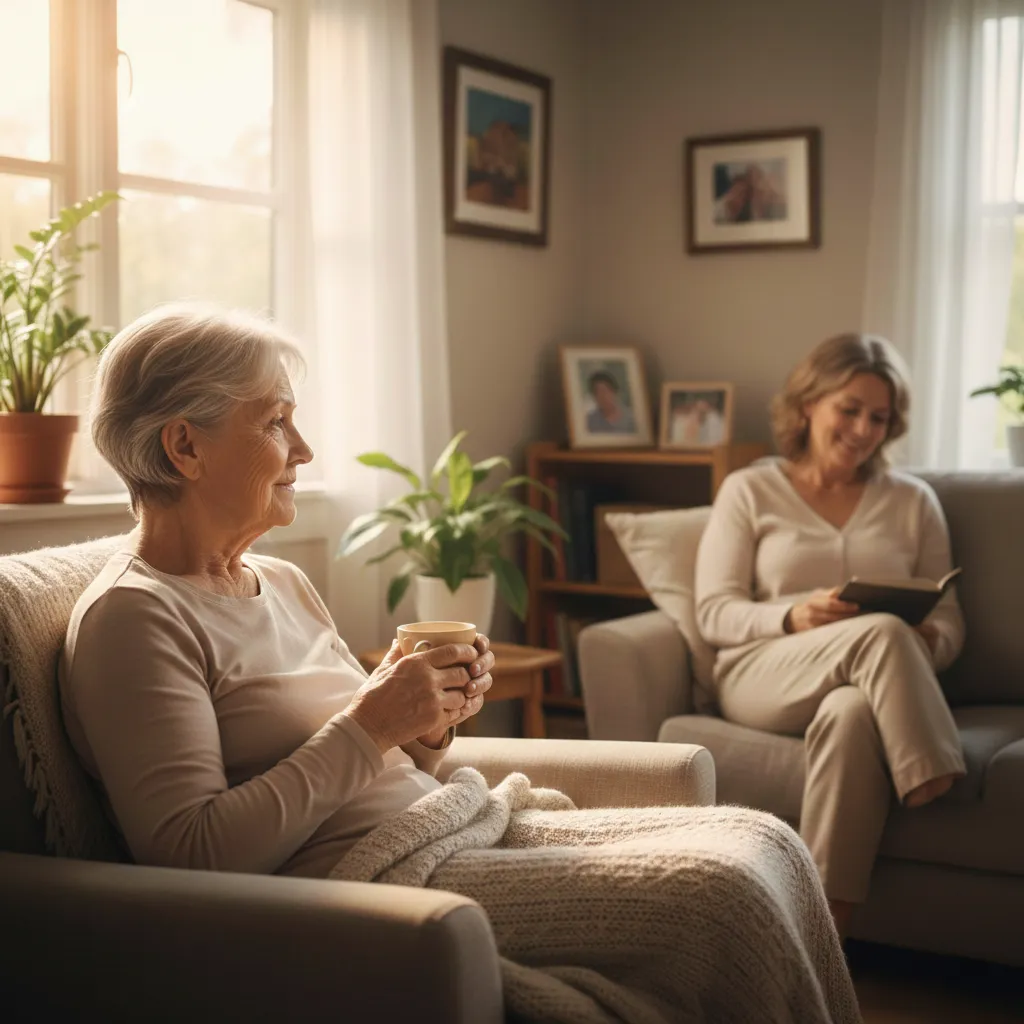 Personne âgée profitant du confort de son domicile avec une accompagnatrice