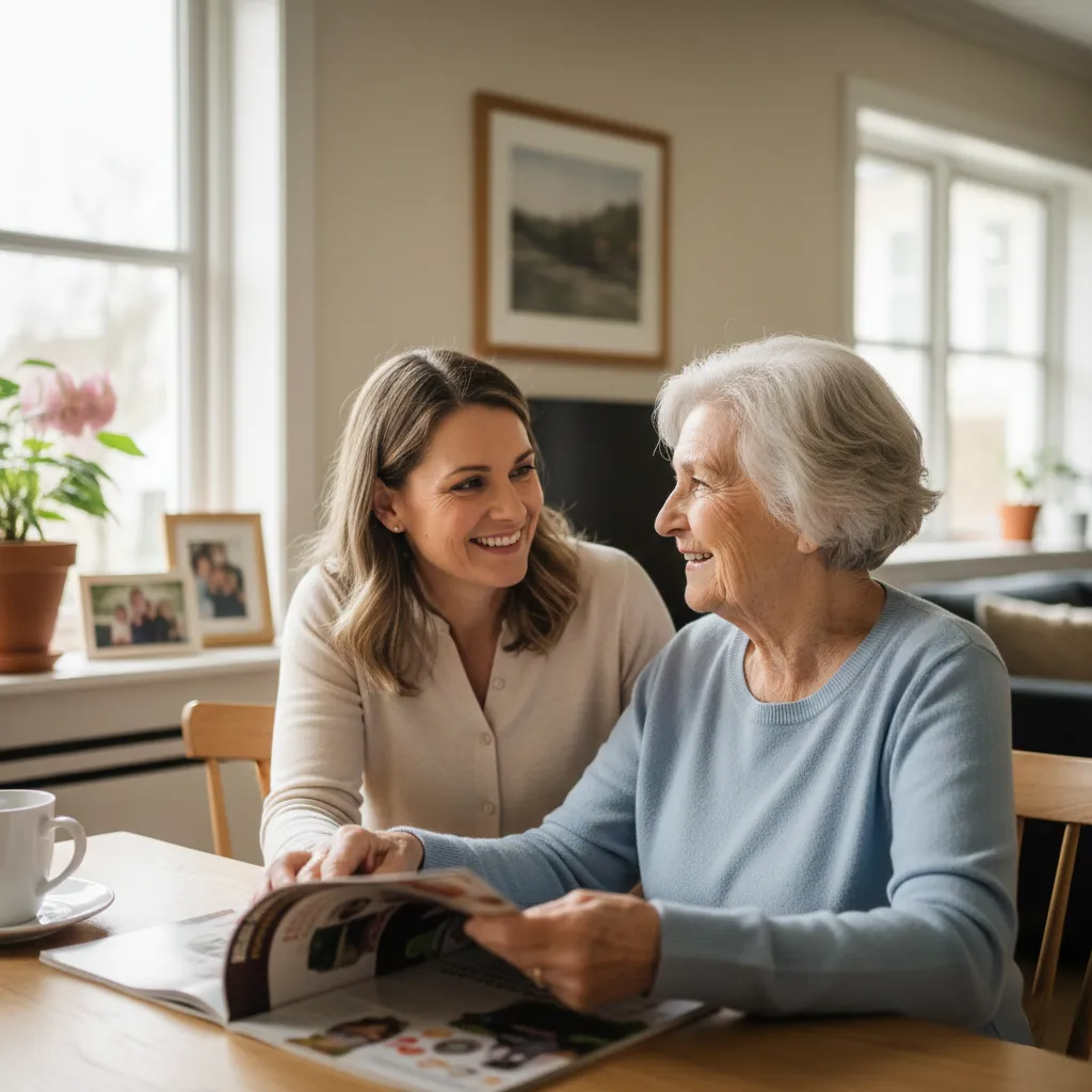 Dame de compagnie partageant un moment de lecture avec une personne âgée