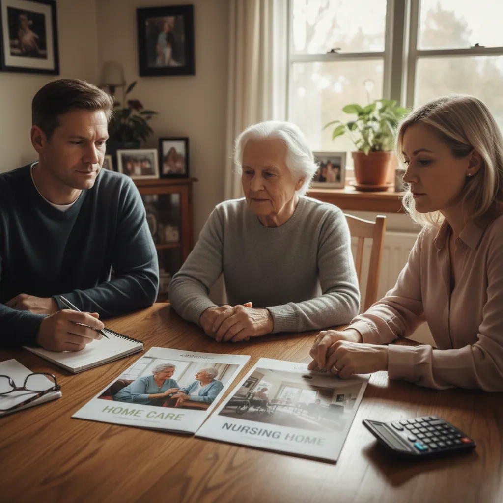 Famille comparant les options entre aide à domicile et maison de retraite