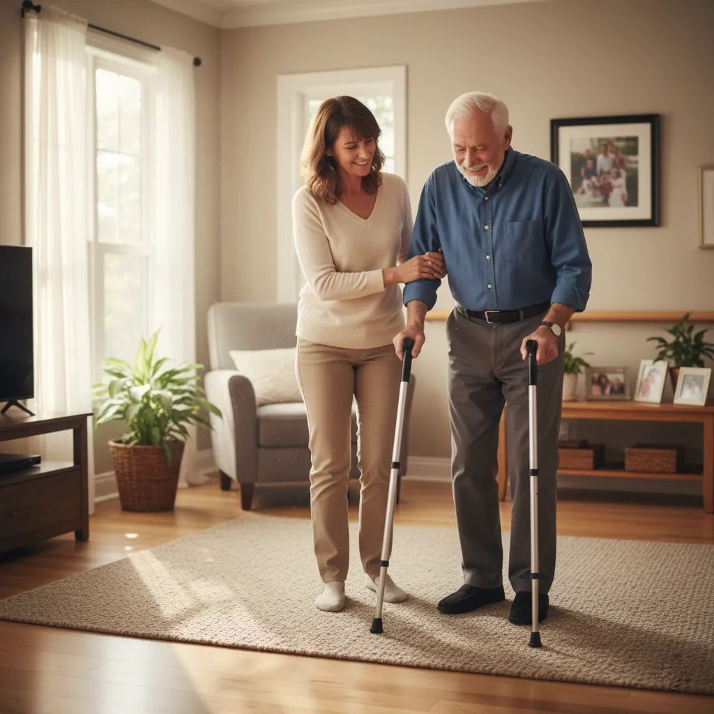 Accompagnatrice aidant un senior à marcher en toute sécurité
